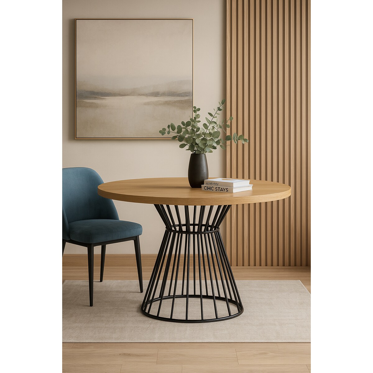 Okrągły stół Reo do salonu z metalową podstawą, blat 100cm- dąb hikora