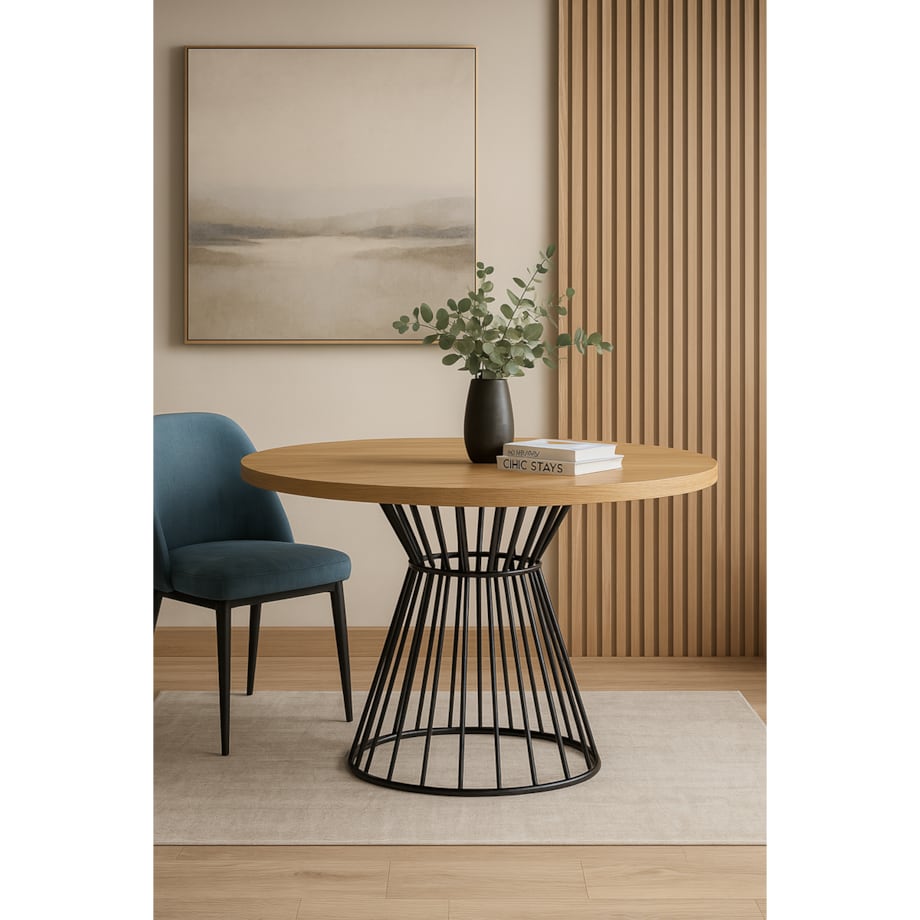 Okrągły stół Reo do salonu z metalową podstawą, blat 100cm- dąb hikora