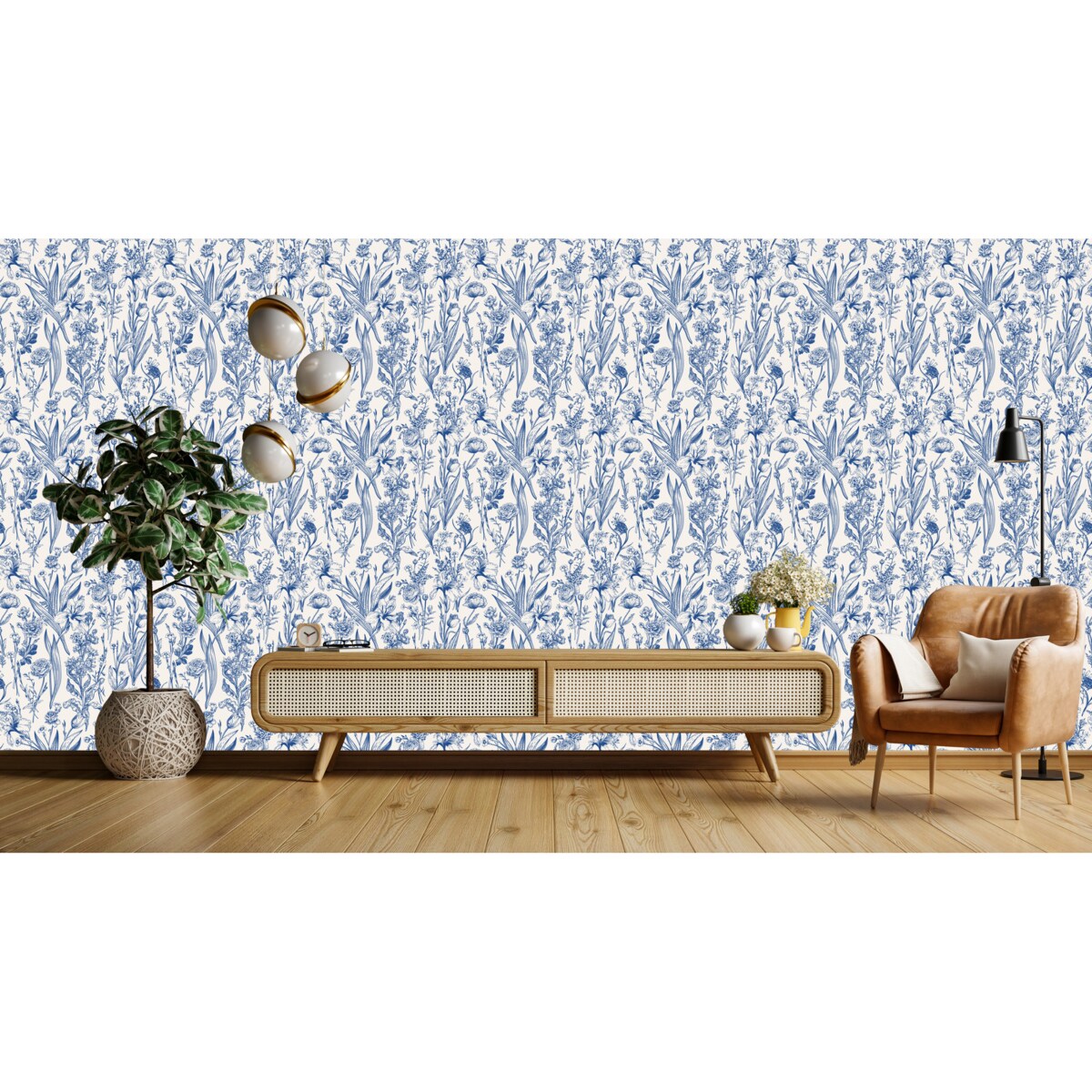 Tapeta Niebieskie KWIATY i Liście Natura