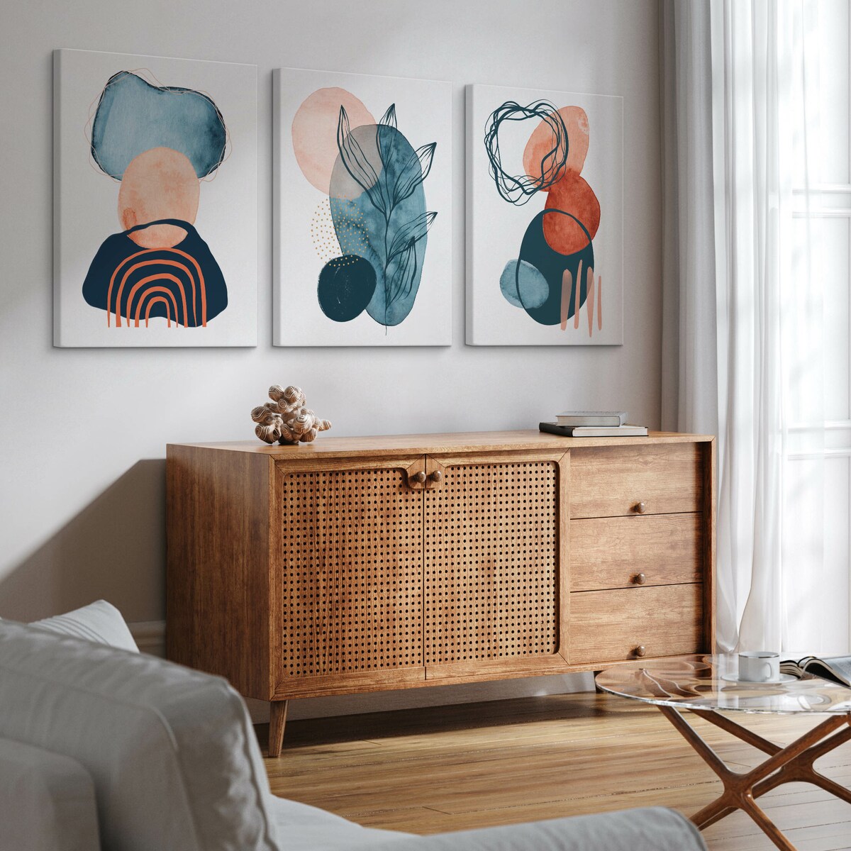 OBRAZY DO SALONU SET AKWARELE ABSTRAKCYJNE KSZTAŁTY LIŚCIE BOHO 90x40cm