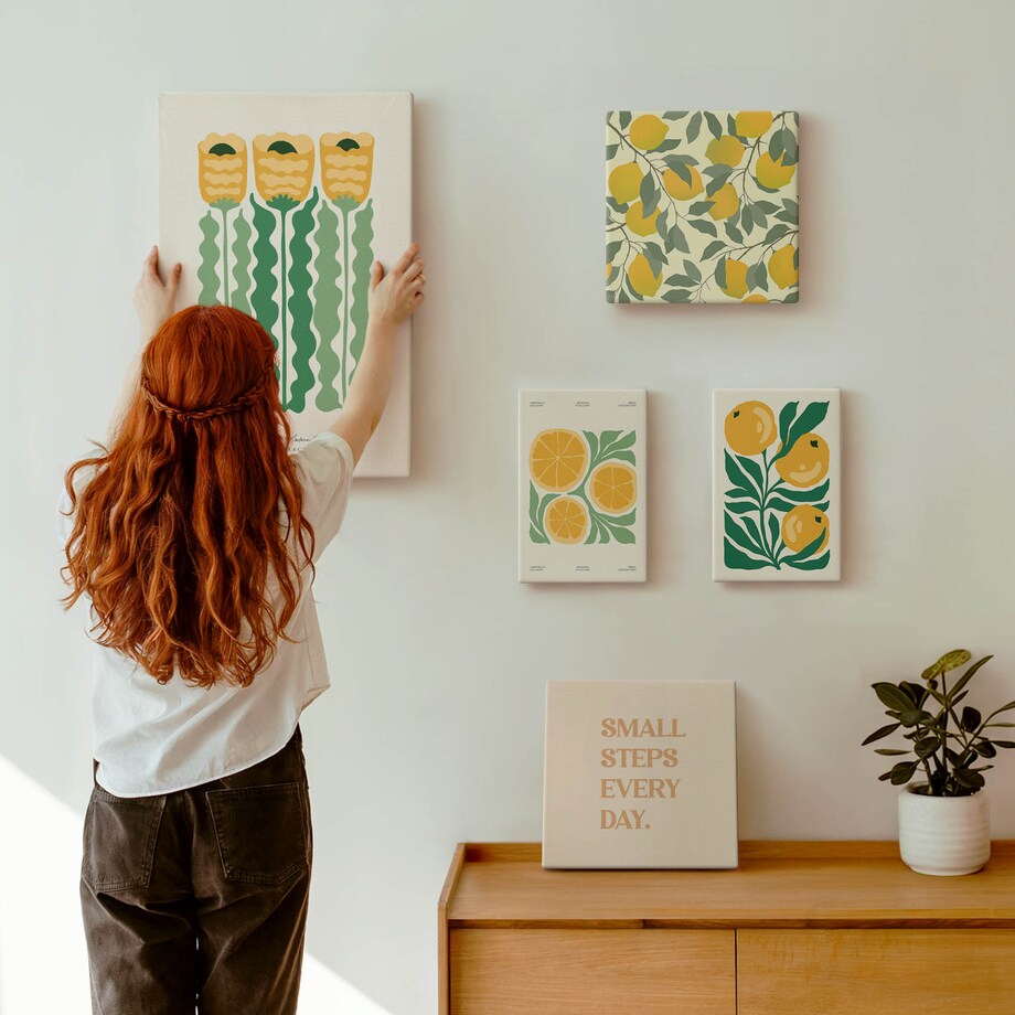 Zestaw 5 obrazów na płótnie - Kwiaty cytrusy pozytywne hasła - żółty
