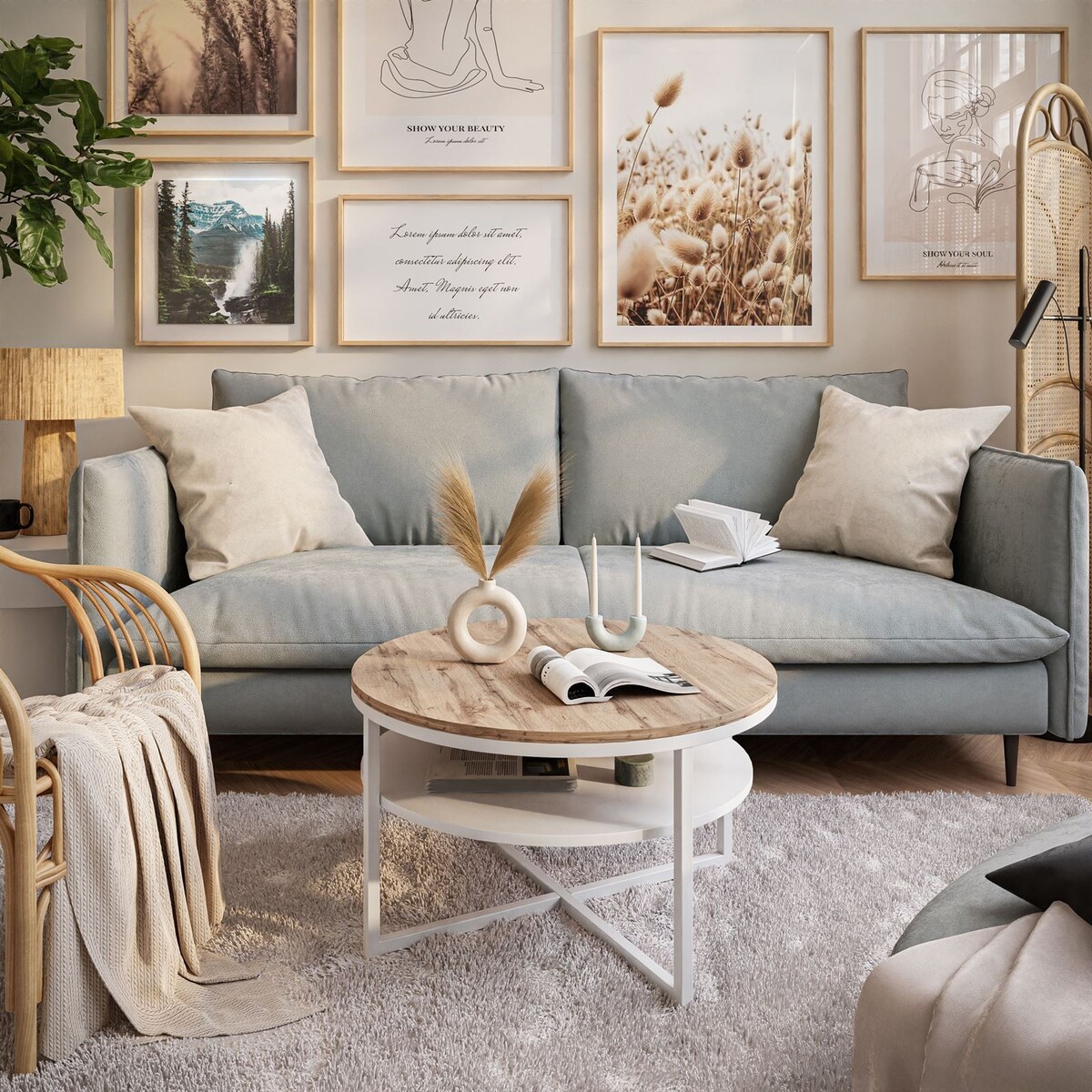 Stolik kawowy CIRI-X z półką biały dąb wotan