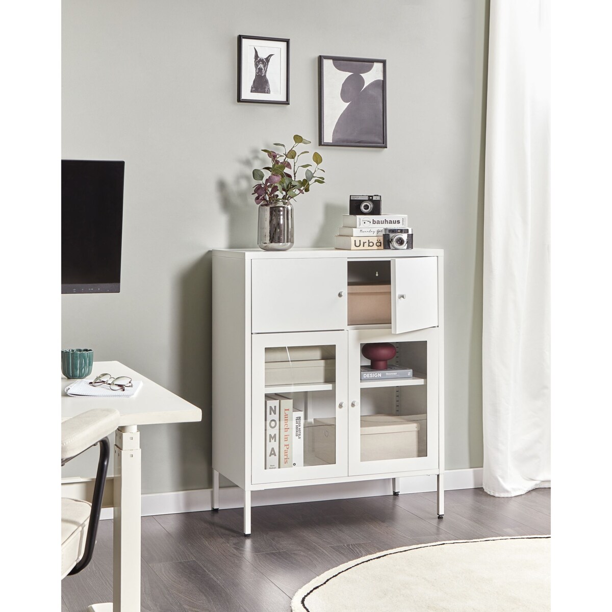 Szafka ze szklanymi drzwiami ESHOLT Metal 80 cm Biały