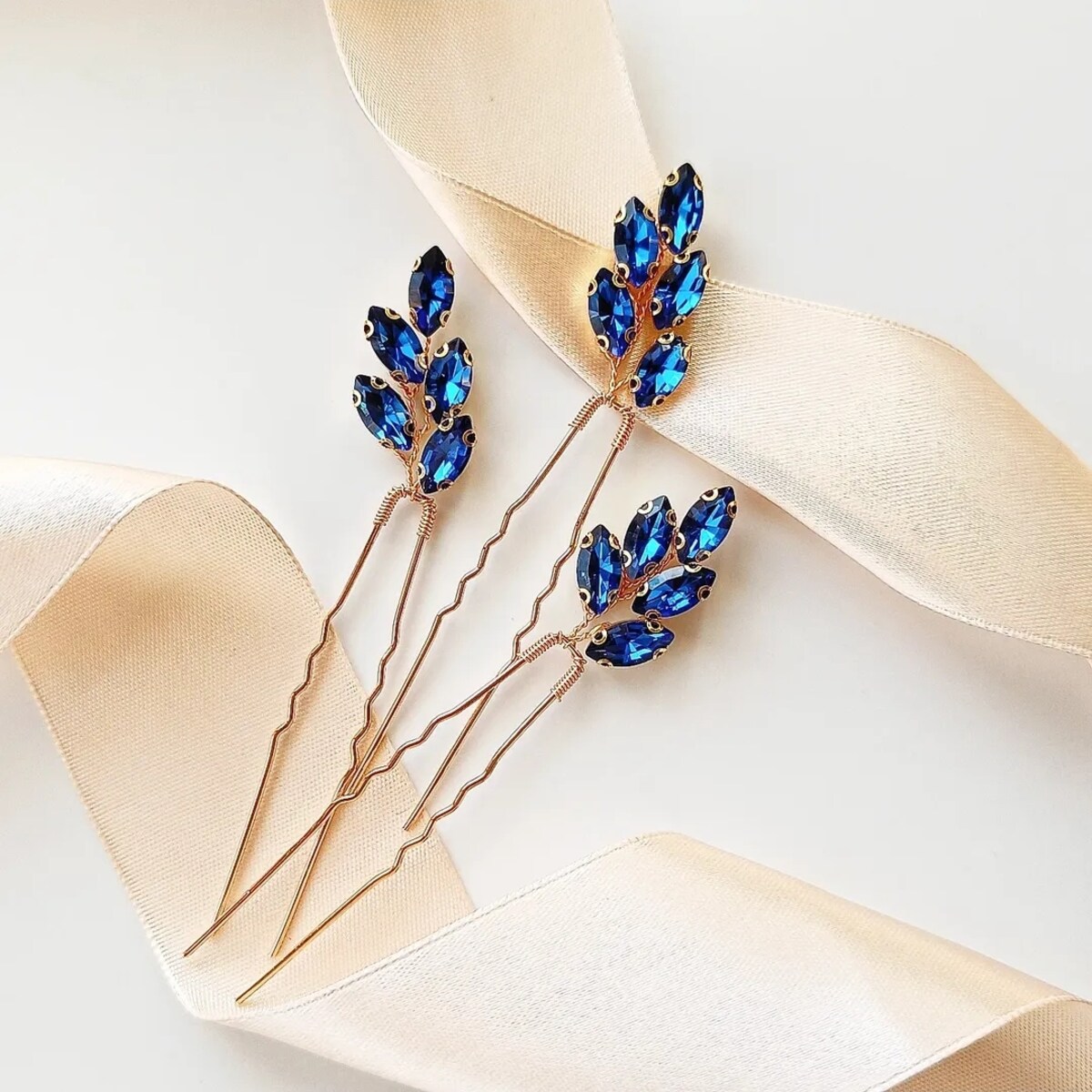 NIEBIESKIE ozdoby do włosów szpilki złote kokówki listki cyrkonie wsuwki