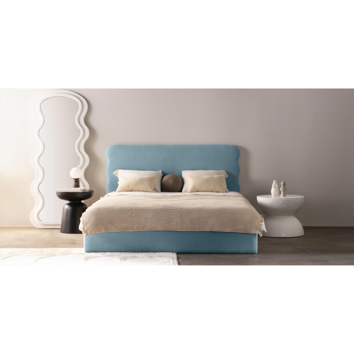 Łóżko tapicerowane 160x200 cm niebieskie bouclé Bolga