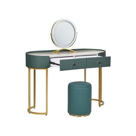 Toaletka 2 szuflady lustro LED z pufem zielono-złota VINAX