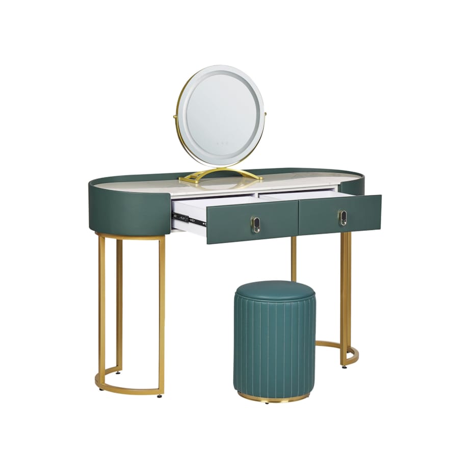 Toaletka 2 szuflady lustro LED z pufem zielono-złota VINAX
