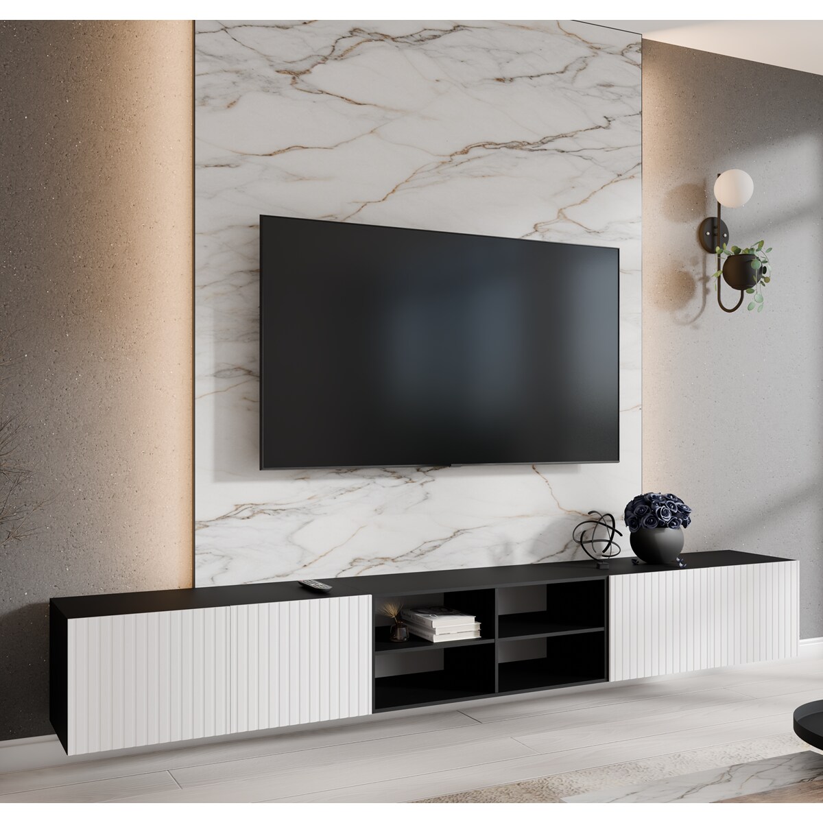 Szafka RTV RIO 300 cm otwarta z półkami, ryflowane fronty- czarny+biały