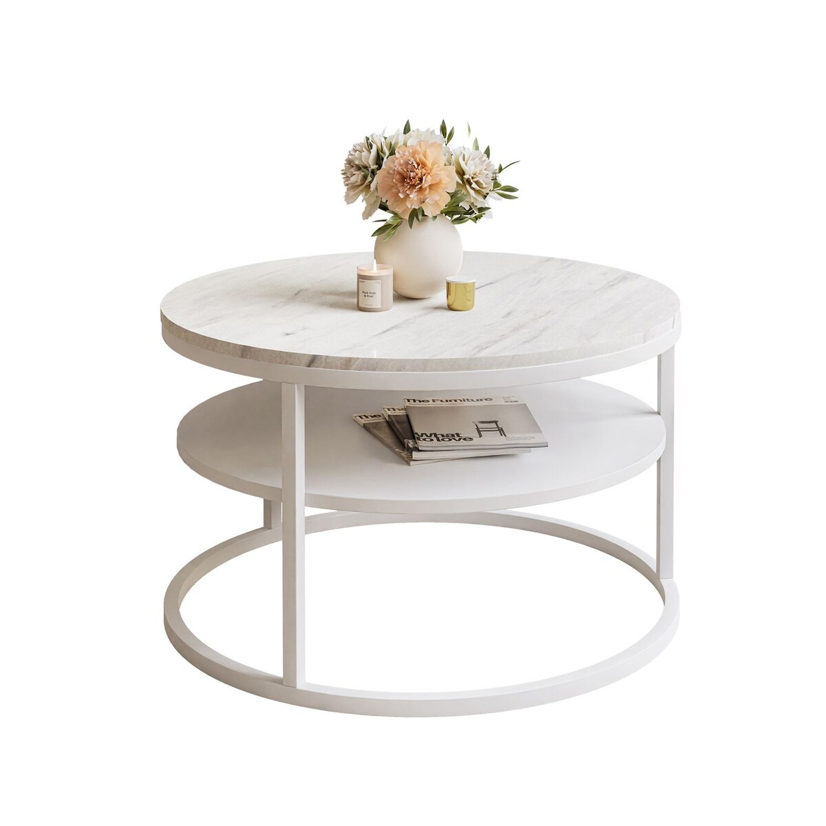 Okrągły stolik kawowy CIRI SLIM z półką biały marmur levanto