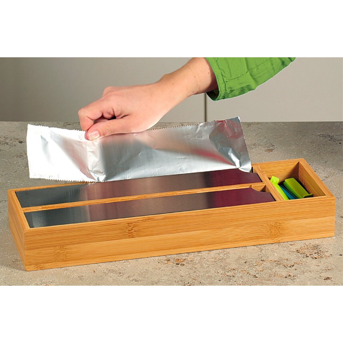 Dyspenser do folii aluminiowej i spożywczej, organizer z bambusa