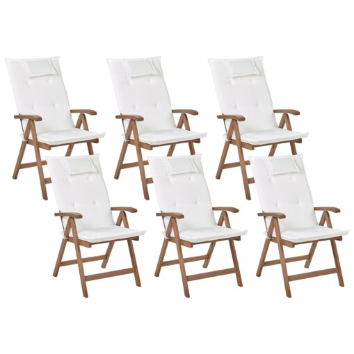 Zestaw 6 krzeseł ogrodowych drewno akacjowe z poduszkami złamana biel AMANTEA