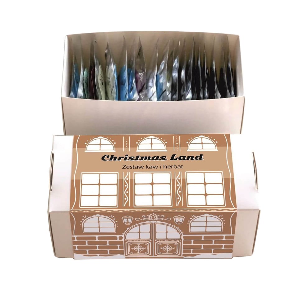 Gotowy zestaw prezentowy „Christmas Land“ kawa herbata smakowa mix 20szt. prezent upominek pod choinkę na mikołaja dla kobiety faceta mężczyzny mamy taty chłopaka dziewczyny żony męża