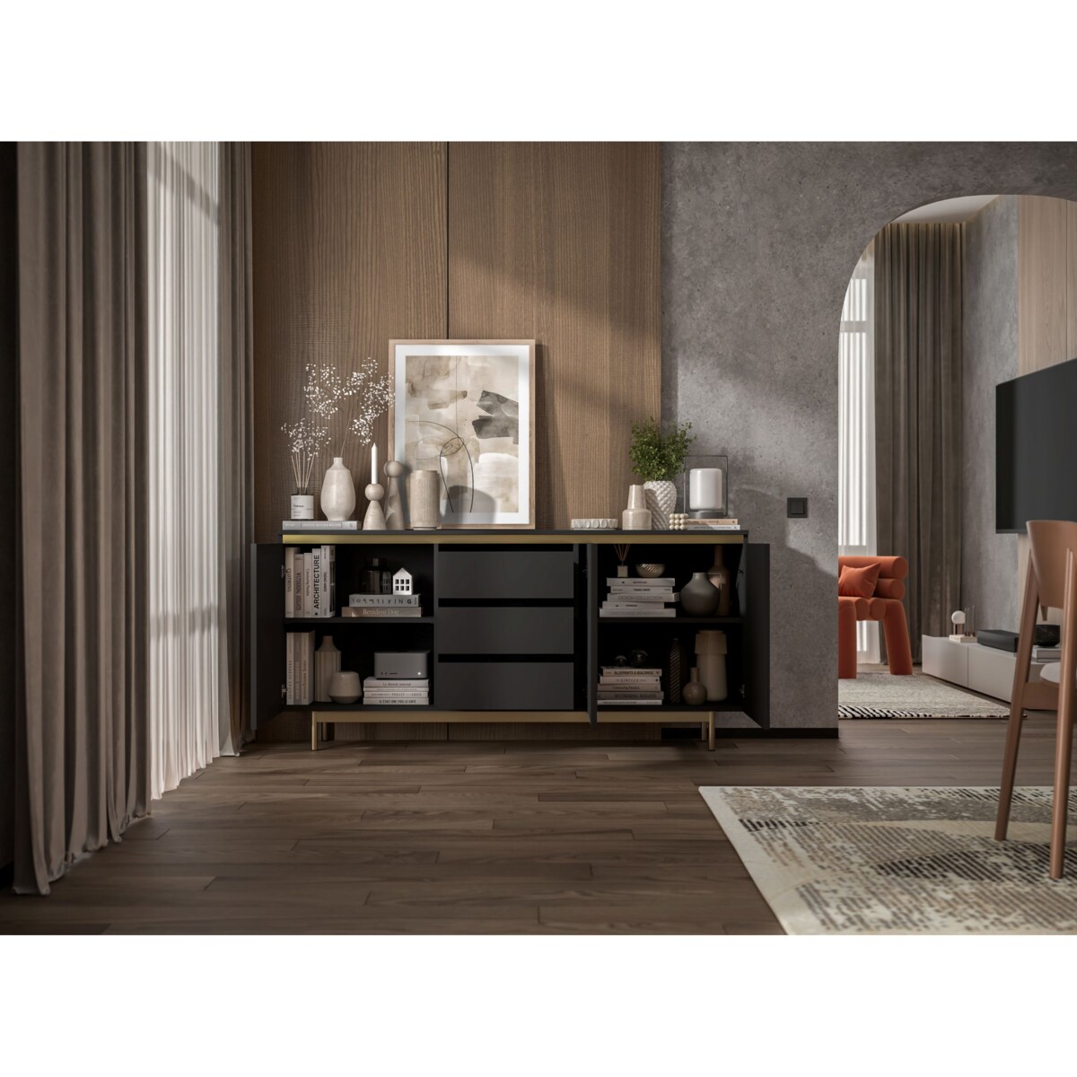 Komoda RTV Glamour 167 cm czarna matowa ryflowane fronty złota rama