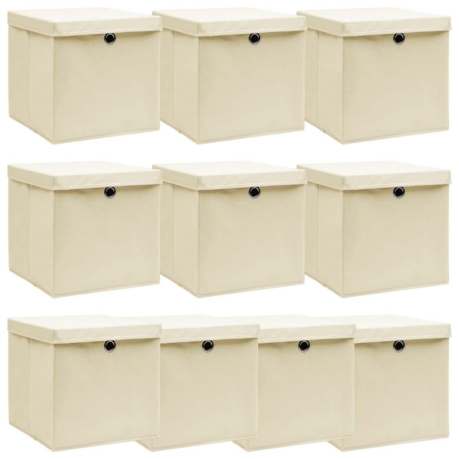 vidaXL Pudła z pokrywami, 10 szt., kremowe, 32x32x32 cm, tkanina
