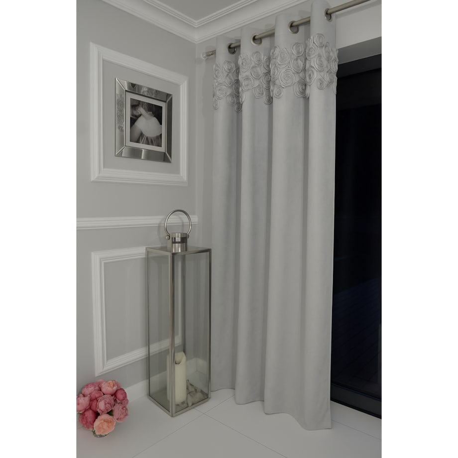 zasłona welurowa "bella rosa" z wyszywanymi różami 140x250 cm przelotki | jasny szary