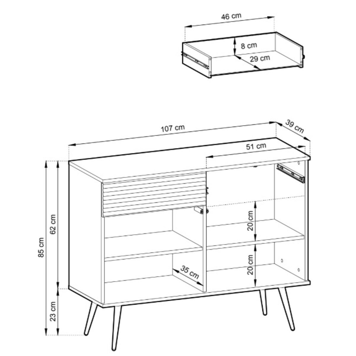 Komoda krótka 107 POLO ryflowana, na wysokich złotych nóżkach, czarna