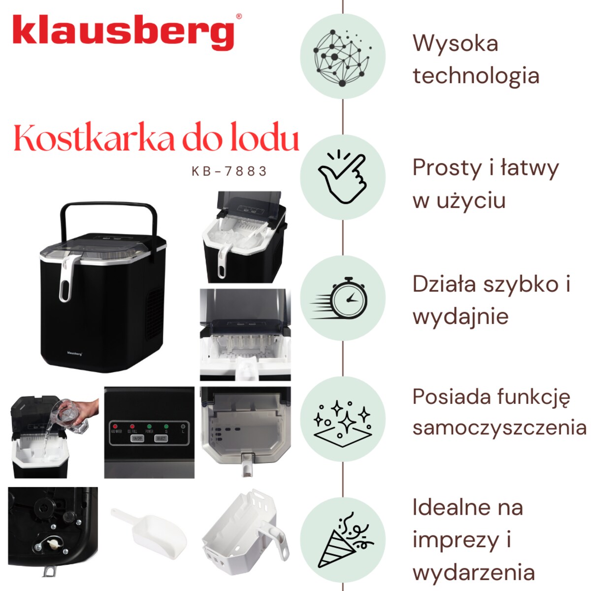 Kostkarka do lodu automatyczna 1.2L 0.6kg 100W LED KLAUSBERG