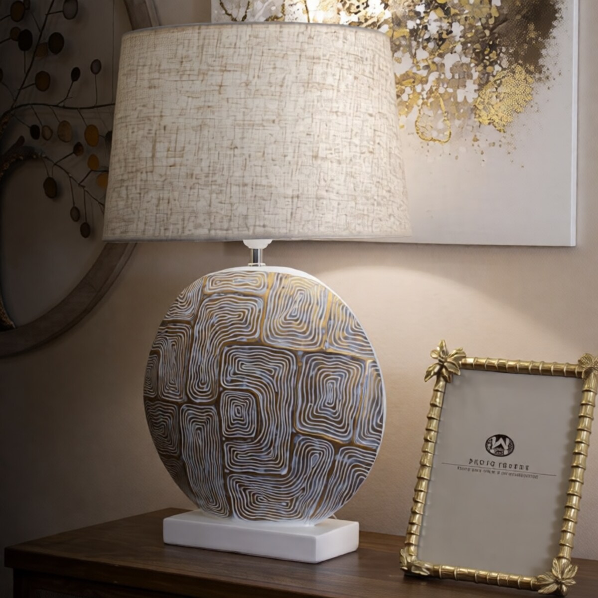 Lampa stołowa Eclips, kolor złoty i biały, żywica syntetyczna i żelazo, 38 x 38 x 64 cm, 1 x E27, max. 40 W, do salonu i sypialni, Mauro Ferretti