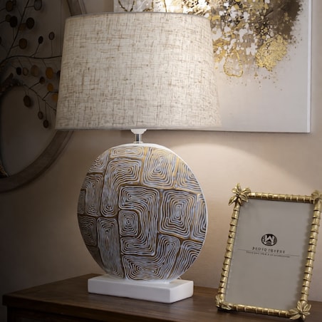 Lampa stołowa Eclips, kolor złoty i biały, żywica syntetyczna i żelazo, 38 x 38 x 64 cm, 1 x E27, max. 40 W, do salonu i sypialni, Mauro Ferretti