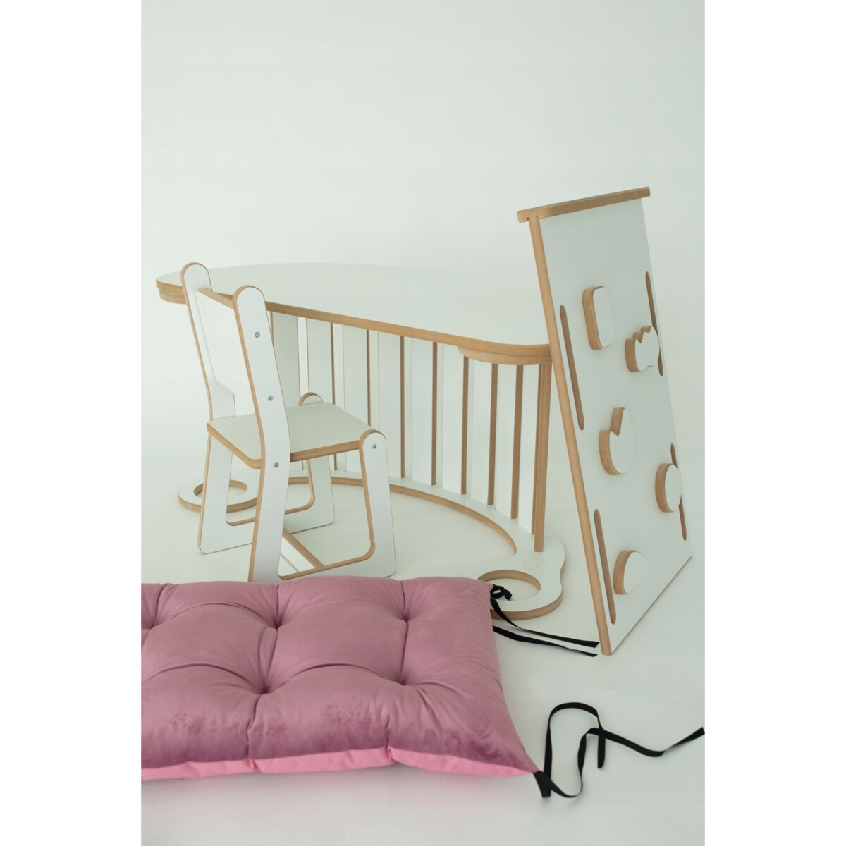 Zestaw BUJAK MONTESSORI Poduszka RÓŻ +Ścianka + Krzesło Blat Zjeżdżalnia CE