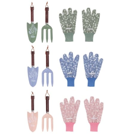 ZESTAW NARZĘDZI OGRODNICZYCH łopatka grabki rękawiczki kolorowe zioła łąkowe PREMIUM Eschert Design