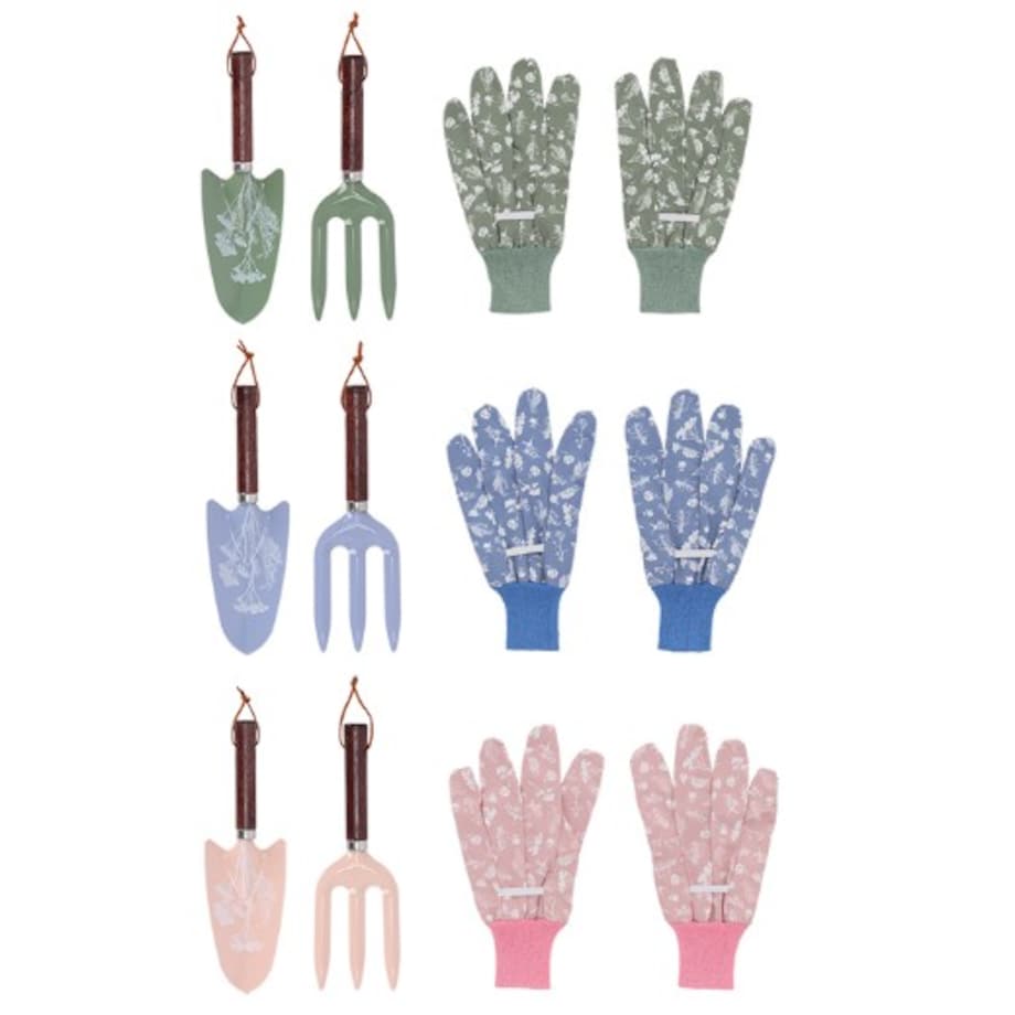 ZESTAW NARZĘDZI OGRODNICZYCH łopatka grabki rękawiczki kolorowe zioła łąkowe PREMIUM Eschert Design