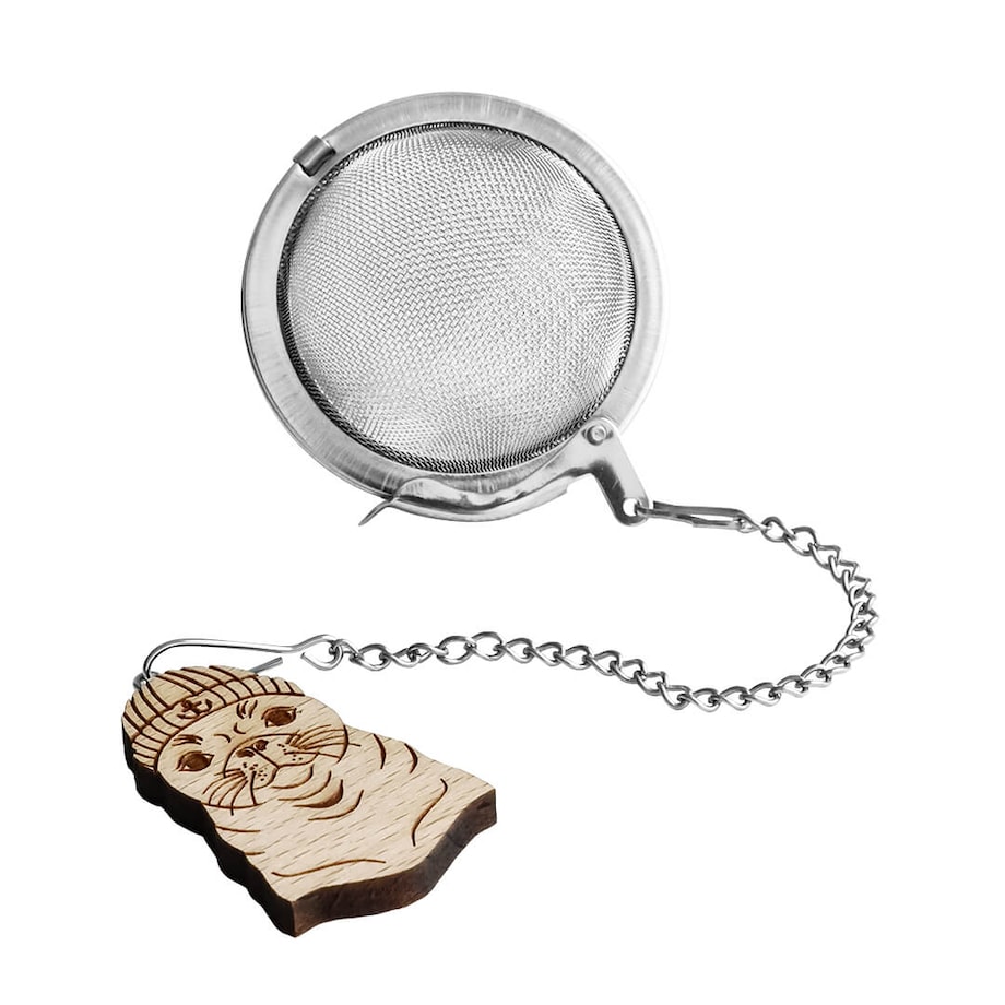Metalowy zaparzacz wykonany ze stali nierdzewnej do herbaty z drewnianą „zawieszką foką” na łańcuszku, idealny w przygotowaniu ulubionej herbaty, poręczny, zgrabny, świetny podarunek dla fanatyków mo