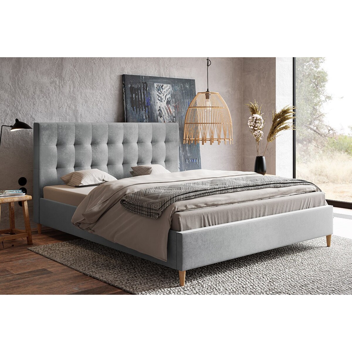 Łóżko tapicerowane 140x200 LUXO 4 na drewnianych nogach, do sypialni- szare