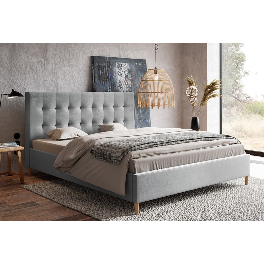 Łóżko tapicerowane 140x200 LUXO 4 na drewnianych nogach, do sypialni- szare
