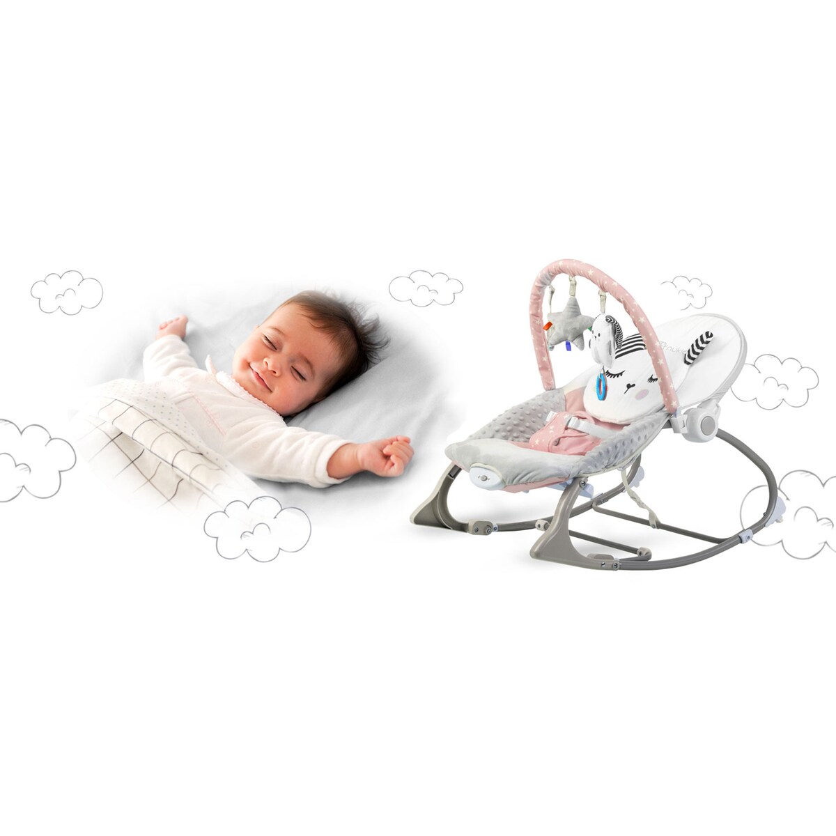 Multifunkcyjny leżaczek bujaczek dla niemowląt kołyska z wibracjami i zabawkami Nukido szaro-różowy