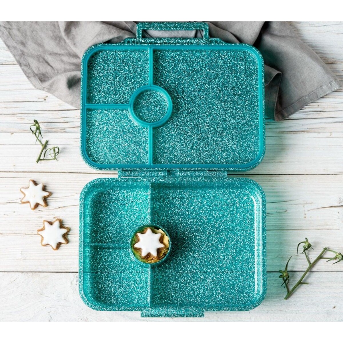 LEKKABOX GLAMOUR brokatowa śniadaniówka z przegródkami, Aqua