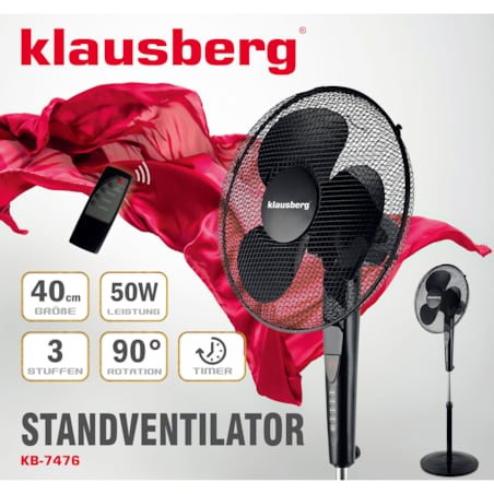 Klausberg wentylator podłogowy z pilotem i timerem 40cm 50w KB7476