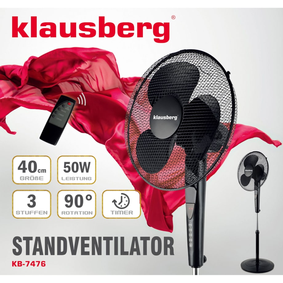 Klausberg wentylator podłogowy z pilotem i timerem 40cm 50w KB7476