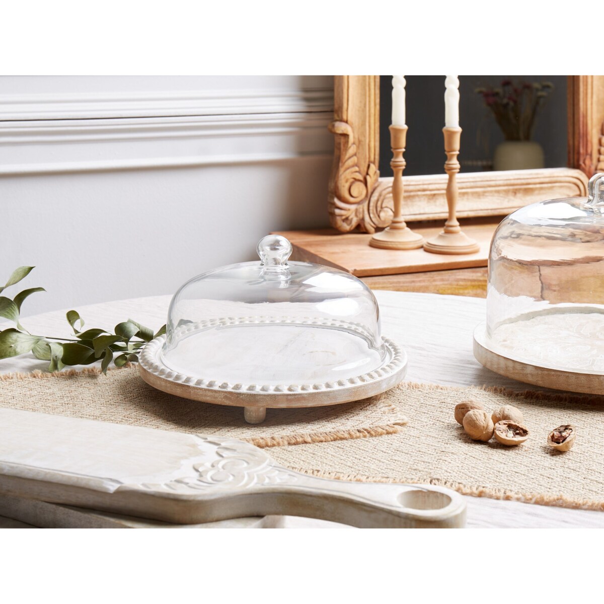 Patera ze szklanym kloszem drewno mango jasne DENDERA