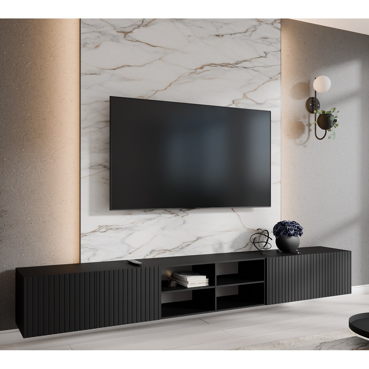 Szafka RTV RIO 300 cm, otwarta z półkami, ryflowana, do salonu- czarna