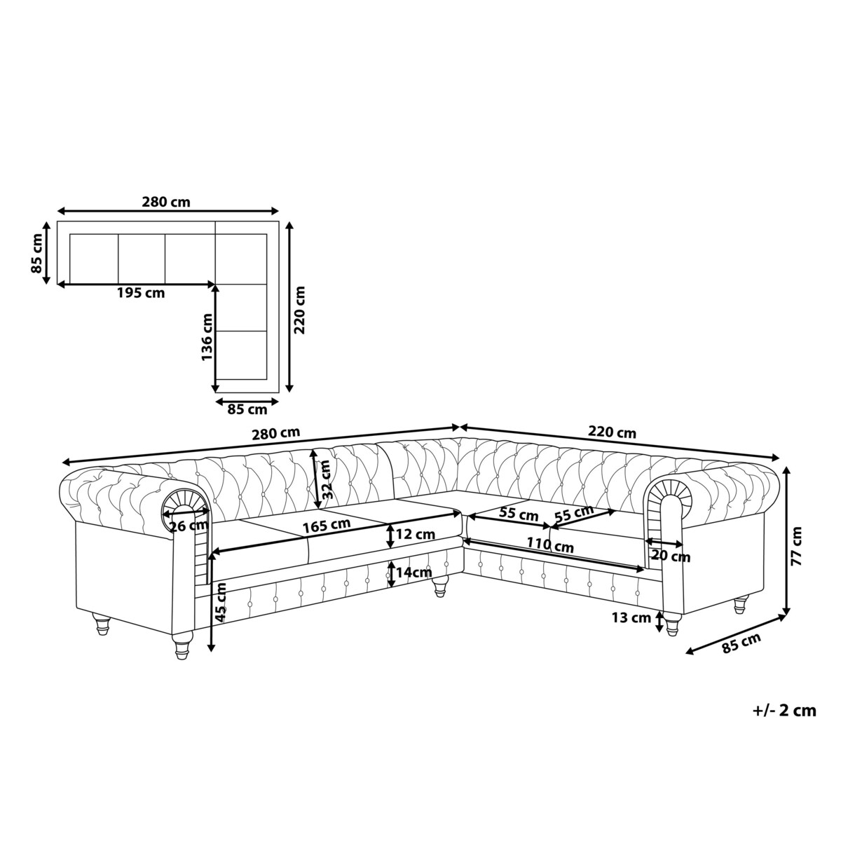 Narożnik lewostronny szary CHESTERFIELD