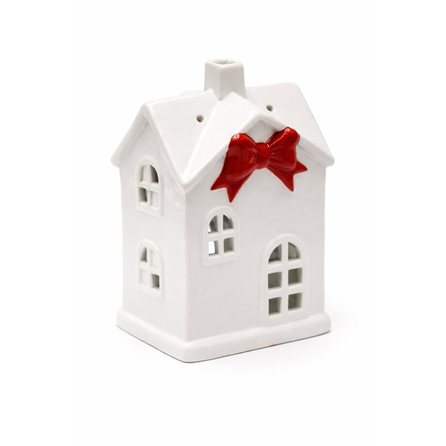 Ceramiczny domek na tea-lighty 17x11,5 x9 cm z czerwoną kokardą