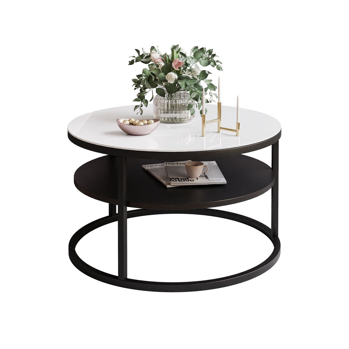 Stolik kawowy CIRI SLIM z półką czarny białe szkło