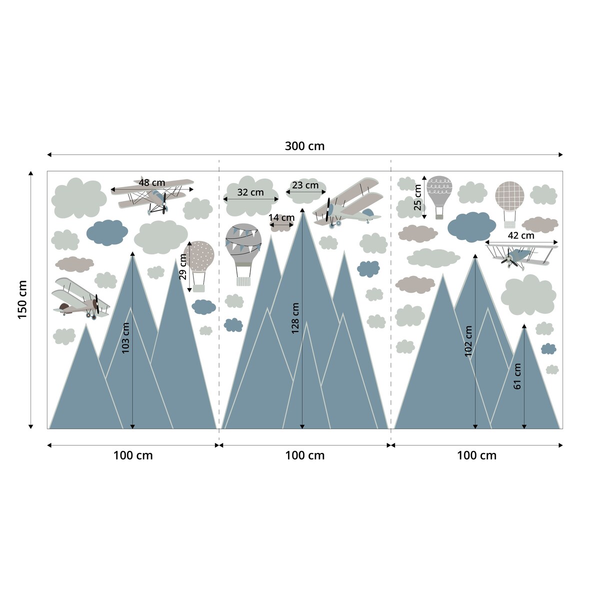 ZESTAW NAKLEJEK DLA DZIECI NIEBIESKIE GÓRY SAMOLOT BALONY CHMURY