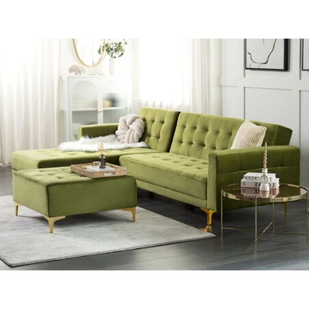 Sofa narożna z otomaną ABERDEEN Zielony Welur Prawostronny