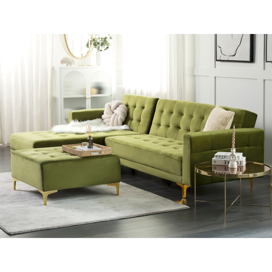 Sofa narożna z otomaną ABERDEEN Zielony Welur Prawostronny