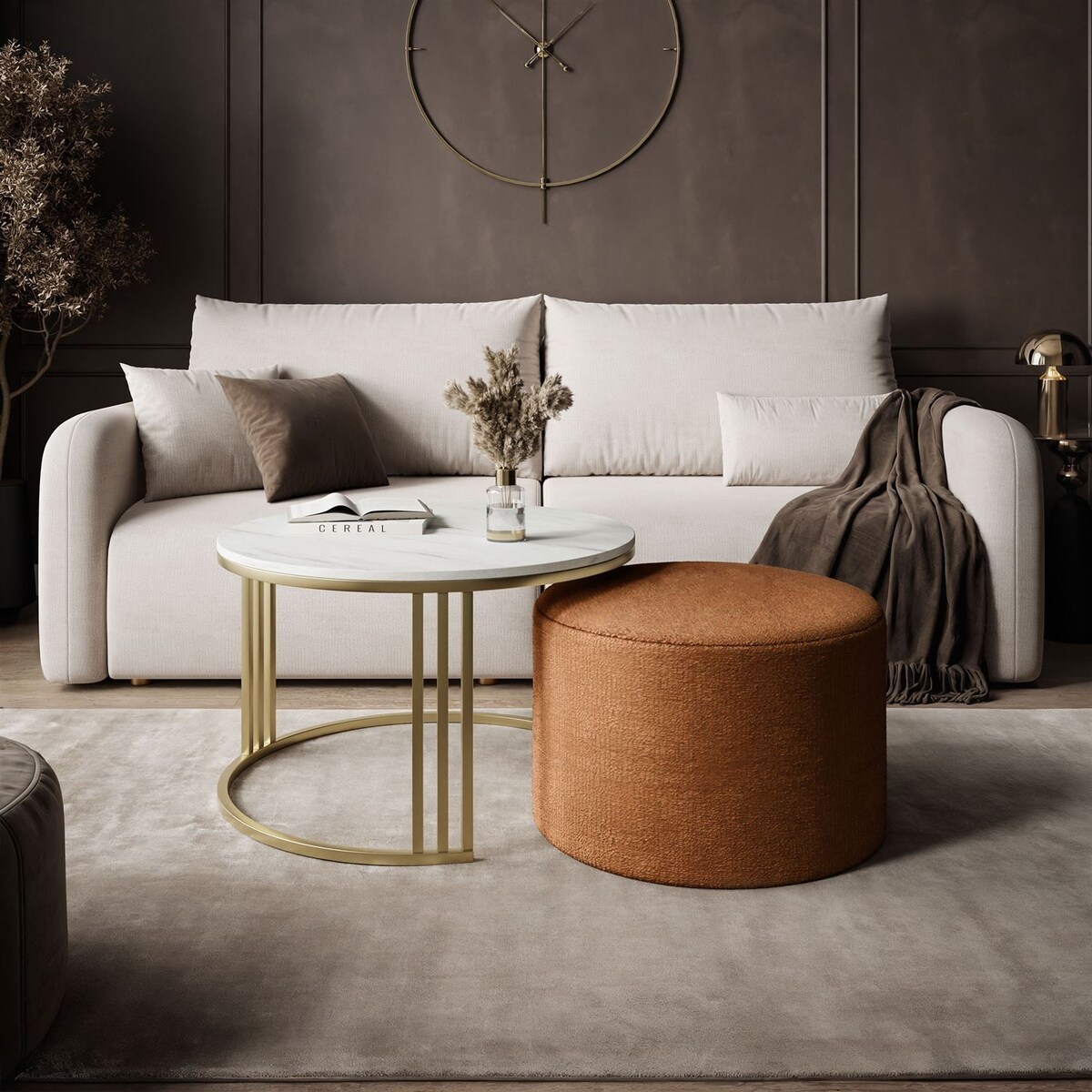 Stolik kawowy z pufą LORI MAT złoto szczotkowane, Marmur Levanto / Perfect Harmony 52