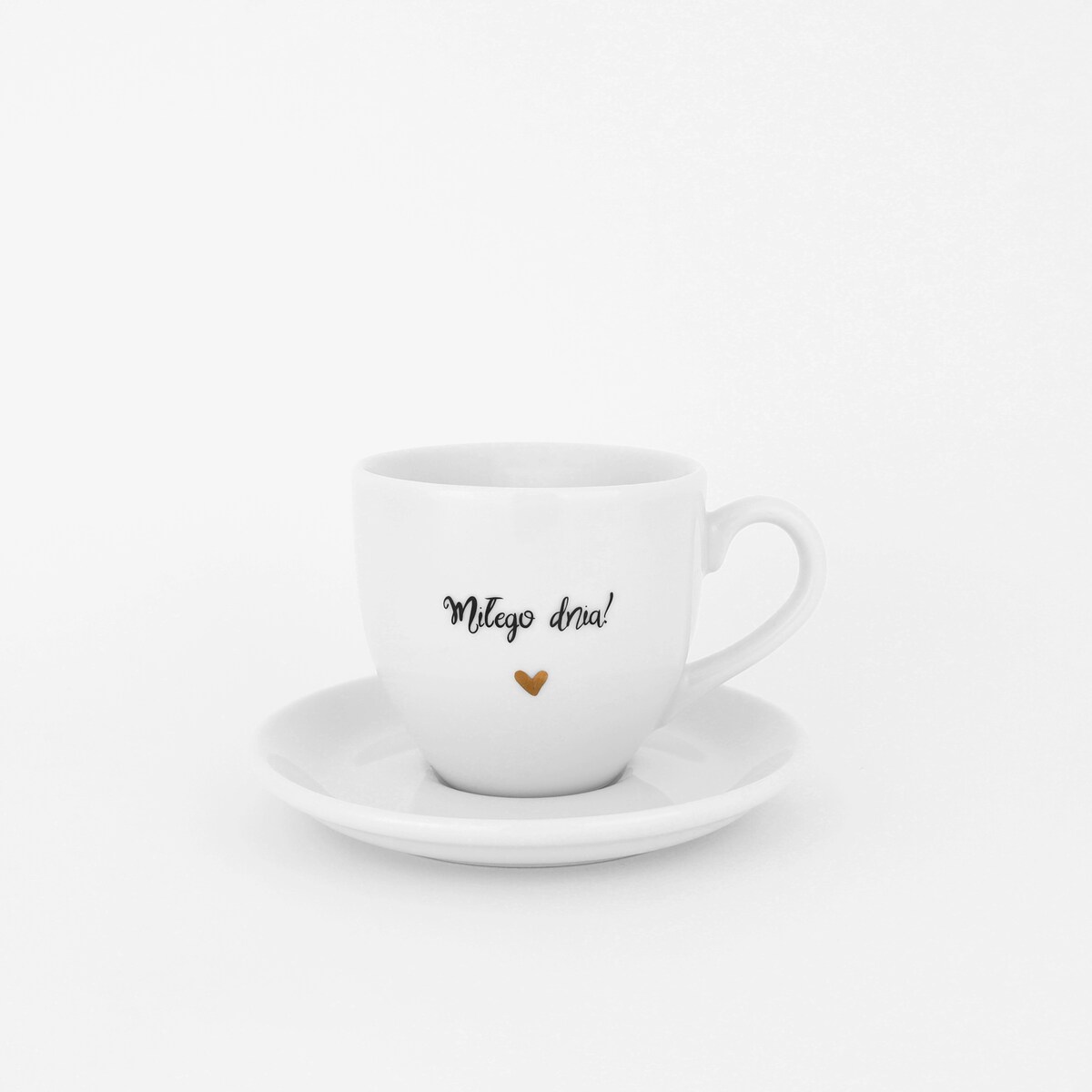 Biała filiżanka porcelanowa do espresso 100 ml ze spodkiem - napis Miłego dnia dla miłośników kawy na każdą okazję