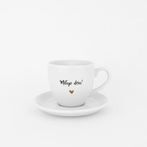 Biała filiżanka porcelanowa do espresso 100 ml ze spodkiem - napis Miłego dnia dla miłośników kawy na każdą okazję
