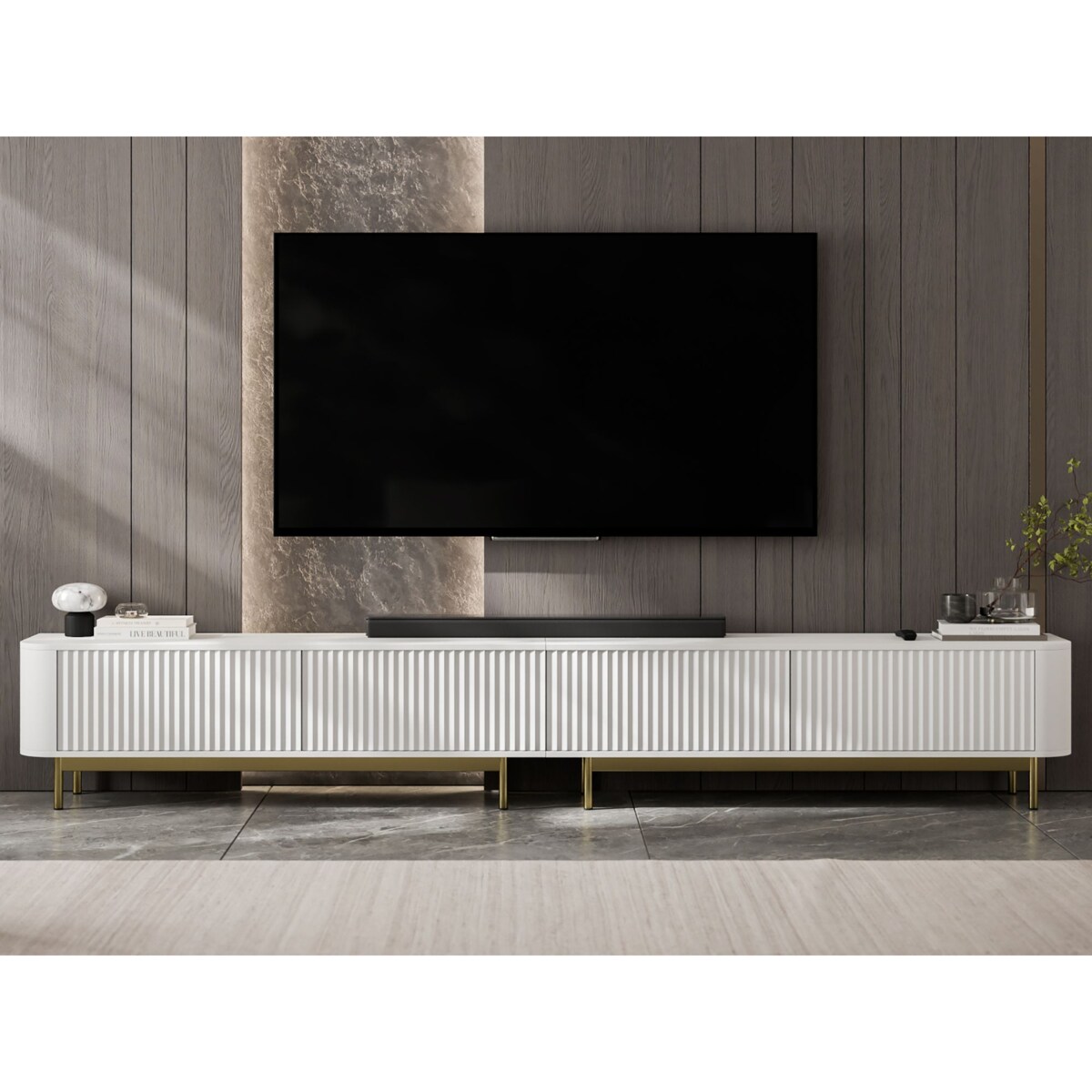 Szafka RTV Komoda RTV 280 cm Glamour Biały Mat Złoty Stelaż