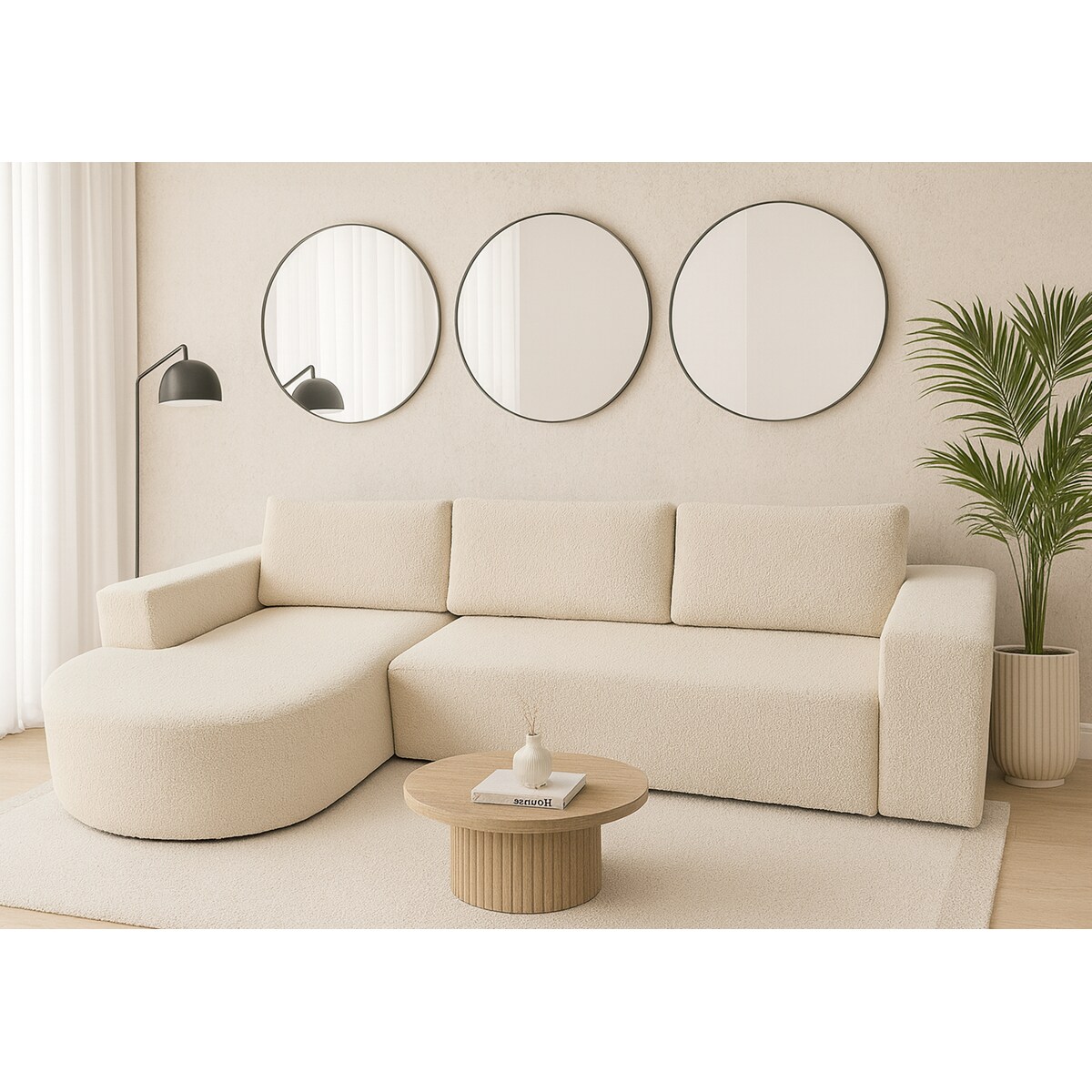 Narożnik Vello z funkcją spania do salonu, lewostronny-boucle-Catch Me beż