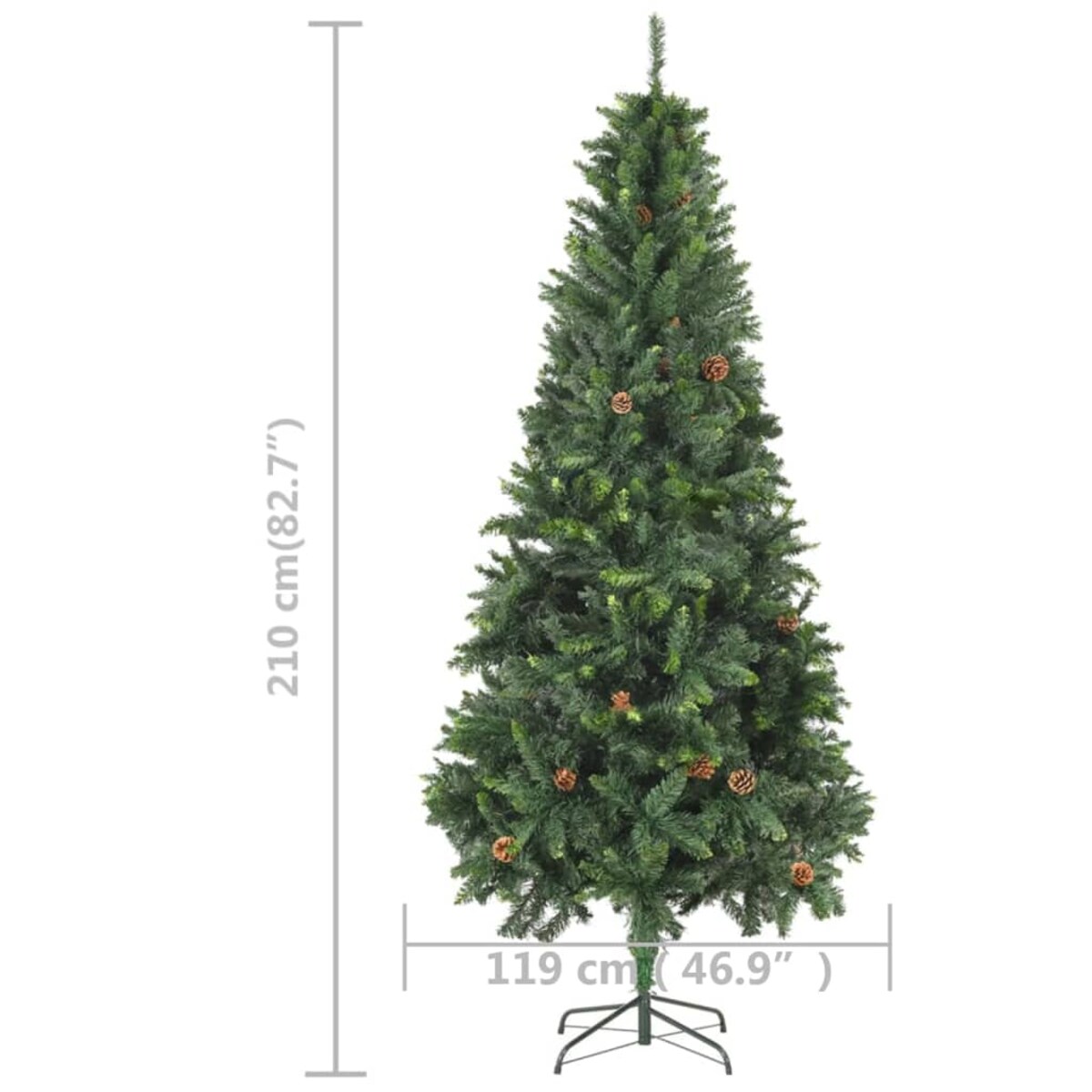 vidaXL Sztuczna choinka z lampkami i szyszkami, zielona, 210 cm