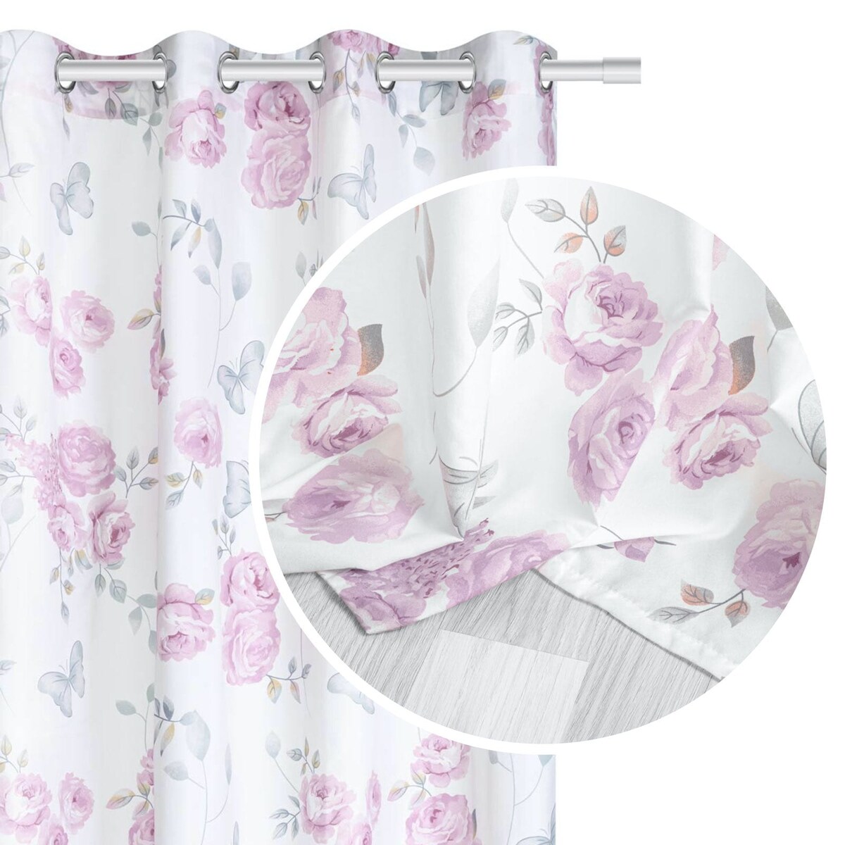 Biała Zasłona do Salonu w Kwiaty 140 x 250 na Przelotkach Półzaciemniająca