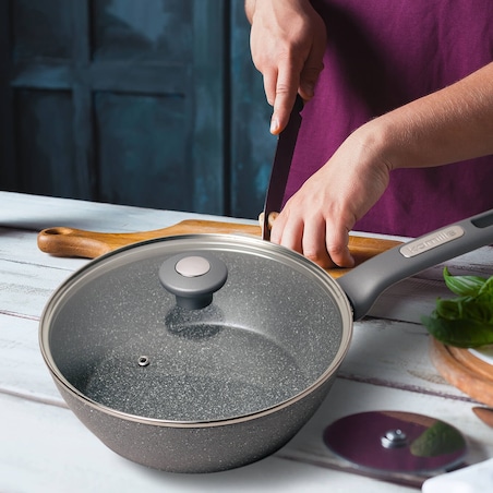 Patelnia głęboka wok granitowa 24cm z pokrywką indukcja KAMILLE