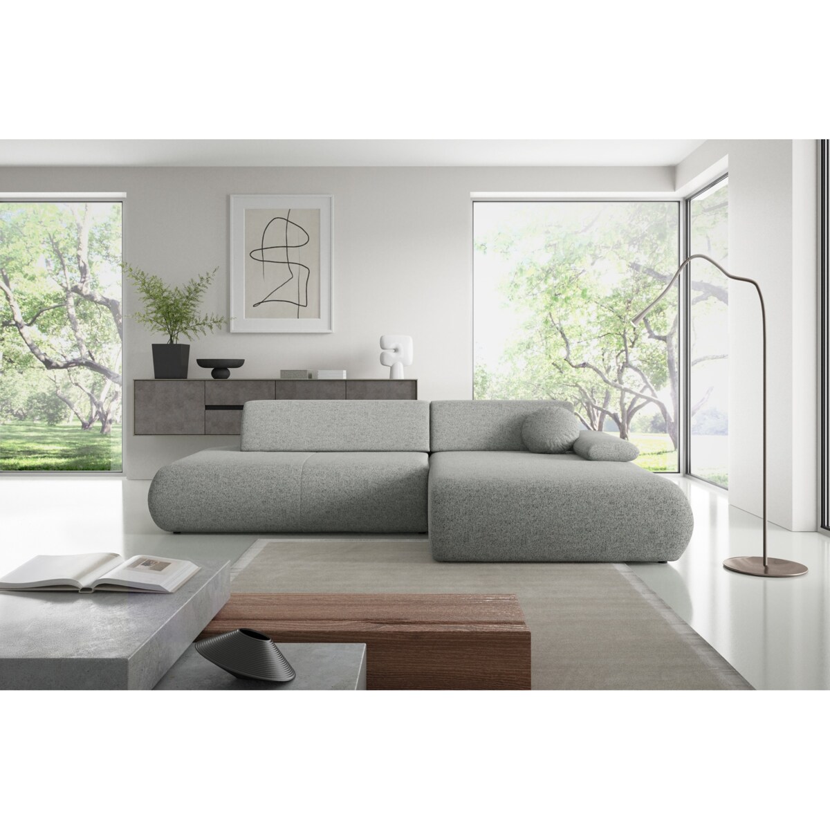 Narożnik rozkładany PENTI z pojemnikiem na pościel, prawy, szary